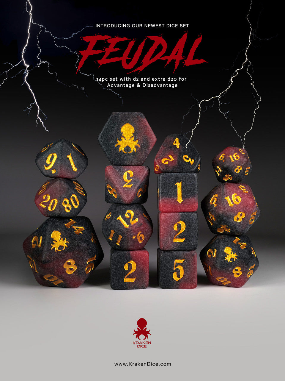 Feudal 14pc Black and Red Matte dice set for  TTRPGs